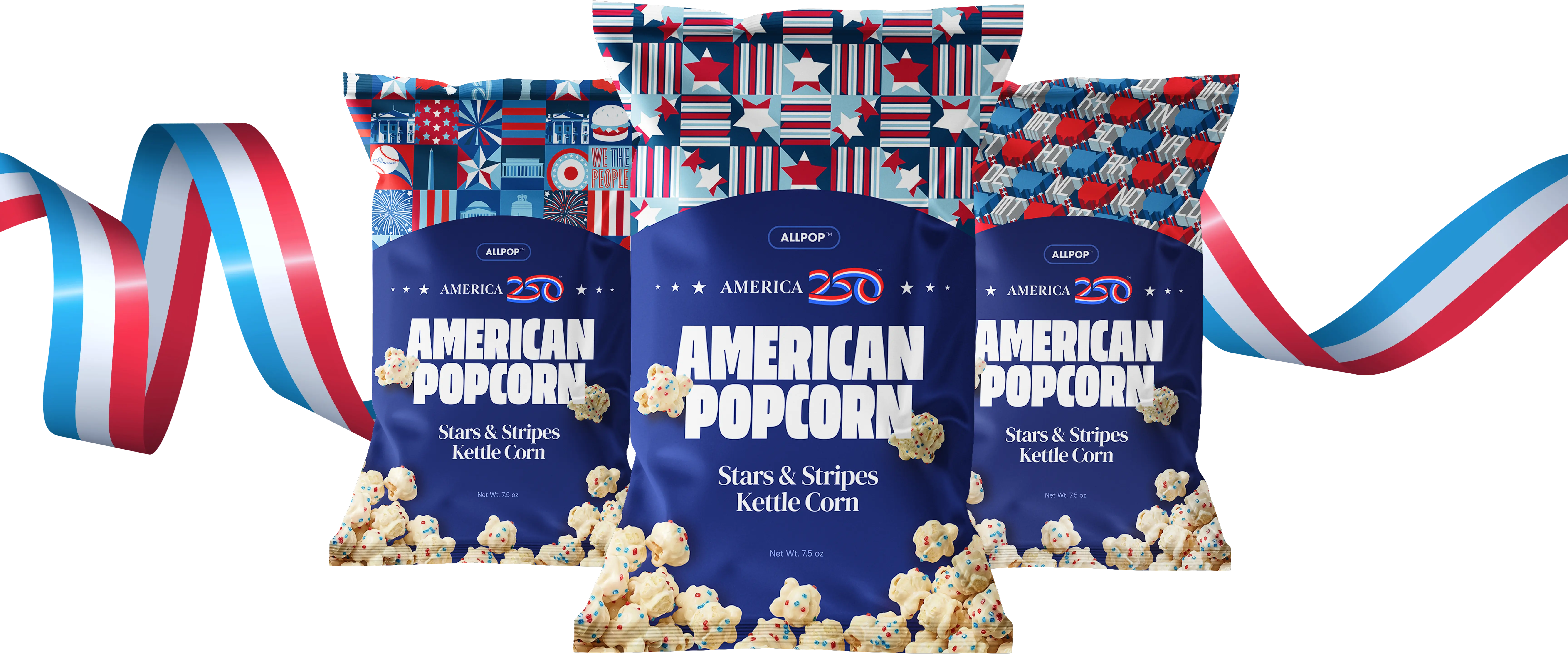 AllPop America 250 Stars & Stripes Kettle Corn — three bag lineup with ribbons